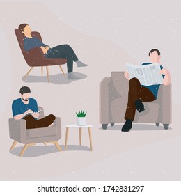 Set character people relaxing at home, reading newspaper and writting vector design, self care at home during quarantine