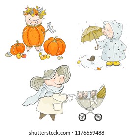 Set  of character pigs in different seasons and situation, mother and babies piglets, autumn pumpkins, spring rain. Vector hand drawn illustration in retro style and pastels colors. Template card.