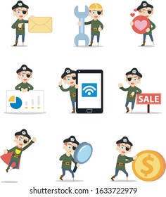Set of character pirate man hunting treasure. Vector illustration with coin, envelope, love, mobile