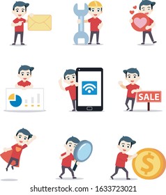 Set of character a pizza delivery man driving a motorcycle. Vector illustration with coin, envelope, love, mobile