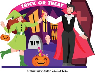 Set character play trick or treat game together modern flat illustration 