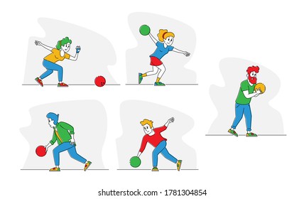Juego de caracter jugando al Bowling, hombres y mujeres jóvenes lanzan una bola en el carril, ocio de la gente, estilo de vida activo, amigos pasan tiempo juntos el fin de semana, bowling club Sparetime. Ilustración de vectores lineales