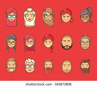 set of character portraits in flat style on a red background