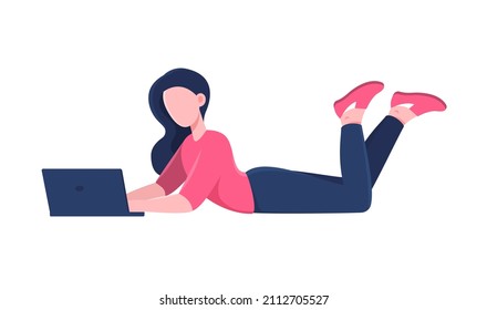 Set of character positions. Girl lies with laptop. Work from home, freelance and telecommuter. Comfort and coziness, character in room. Cartoon flat vector illustration isolated on white background