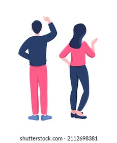 Set of character positions. Man and girl from back. Couple waving hands to someone. Characters for posters and banners, graphic elements. Cartoon flat vector illustration isolated on white background