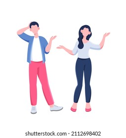 Set of character positions. Man and girl throw up their hands. Characters dont know answer to question. People cant tell, confusion. Cartoon flat vector illustration isolated on white background