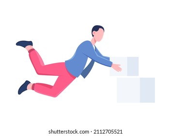 Set of character positions. Man puts dice on dice. Character assembles picture from elements. Hardworking and creative employee, leader. Cartoon flat vector illustration isolated on white background