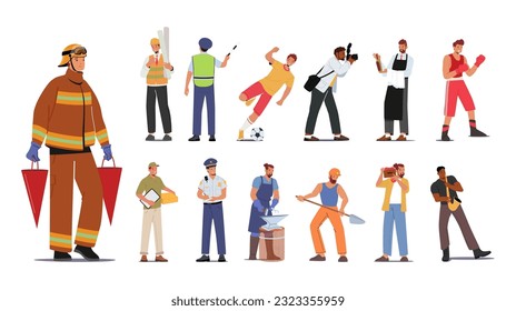 Conjunto de profesiones de caracteres. Bombero, arquitecto, inspector de carreteras, jugador de fútbol, fotógrafo y camarero. Boxer, Courier, Blacksmith y Worker o Musican. Ilustración de vectores de personas de caricatura