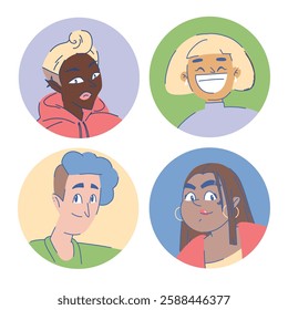 set of character profile icons in round shapes, women, queer persons