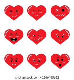 Set of character red hearts. Emoticon cartoon Smile, angry, laugh, stress, sad, excited. Creative design for Valentine's day. Hearts. Greetings and card. Banner. Vector illustration.