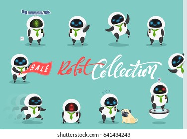 Set character robot android. Characters cartoon in flat style with different tasks, gestures. On the faces of emotions, joy, laughter, surprise, anger. Objects isolated against a blue background.