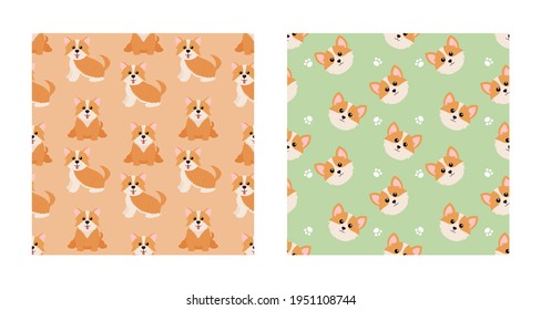 Set Character Seamless Pattern Animal Of Cute Pembroke Welsh Corgi Dog Can Be Used as Designs Wallpapers or Backgrounds. Vector Illustration