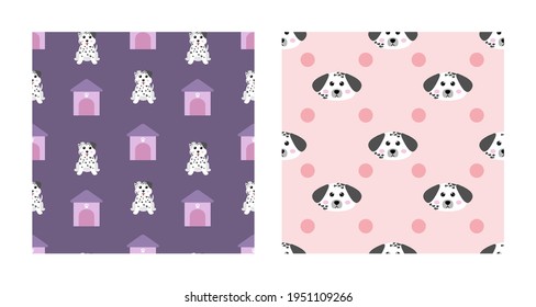 Set Character Seamless Pattern Animal Of Cute Dalmatian Dog Can Be Used as Designs Wallpapers or Backgrounds. Vector Illustration