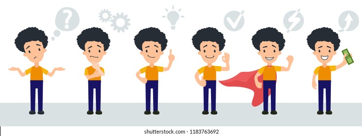 Set of character smart young man, businessman, manager or child, schoolboy, student icons thinks and finds a solution. Vector isolated illustration in cartoon style. Understands problem and finds