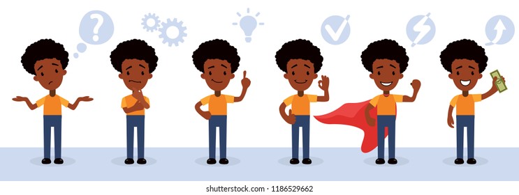 Set of character smart young man, businessman, manager or child, schoolboy, student icons thinks and finds a solution. Vector isolated illustration in cartoon style. Understands problem and finds