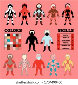 Set Character Stands on Pink Background, Heroes Team. Vector