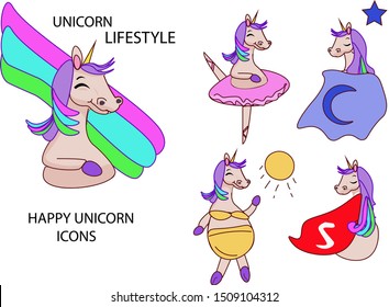 Set of character of unicorn in different life situation, pastel, ballet, on the beach, night, sleep