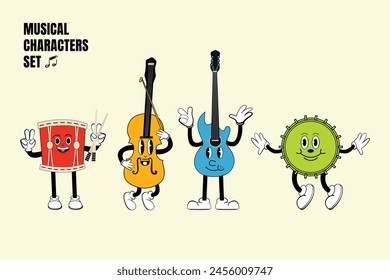 Conjunto de instrumentos musicales de Vector de carácter en estilo retro