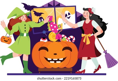 Set character witches prepare a potion with candy modern flat illustration 