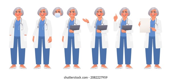 Set of character of a woman doctor in a white coat and with a stethoscope. A health worker wearing a mask and showing various gestures. Vector illustration in cartoon style