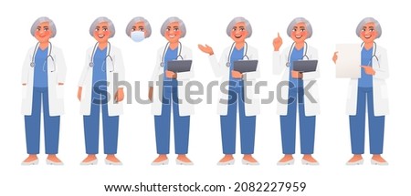 Set of character of a woman doctor in a white coat and with a stethoscope. A health worker wearing a mask and showing various gestures. Vector illustration in cartoon style