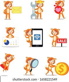 Set character of woman in fox animal costume for Halloween party.