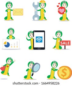 Set character of woman as green snake in wildlife nature.