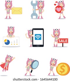 Set character of woman in pink monster cute costume.