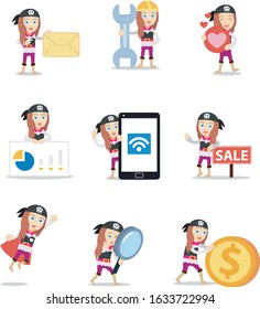 Set of character woman in pirate history. Vector illustration with coin, envelope, love, mobile