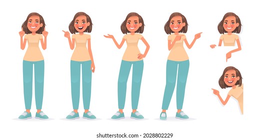 Set of character woman pointing her finger in different directions, up, down, to the side. The girl shows something and peeps. Vector illustration in cartoon style