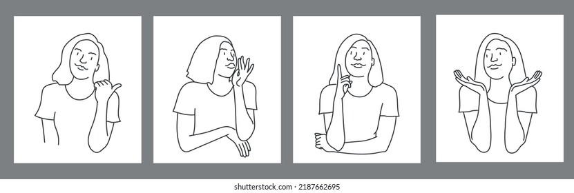 Set of character woman pointing her finger in different directions. Hand drawn vector illustration. Black and white.