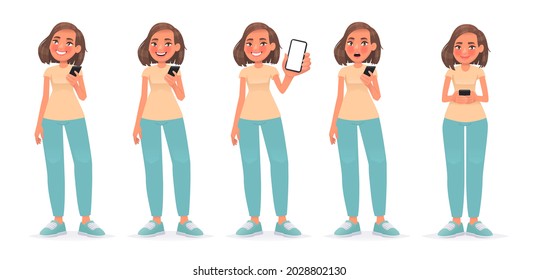 Set of character of woman with smartphone. The girl uses the phone, thinks, uses the application, shows the screen of the gadget, is surprised, and is texting. Vector illustration in cartoon style