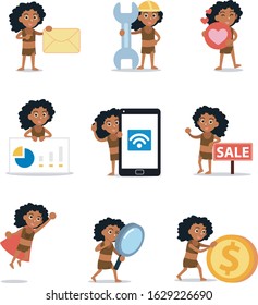 Set of character woman try to exploring tropical jungle.