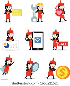 Set character of women in ketchup bottle costume to promote a new product.