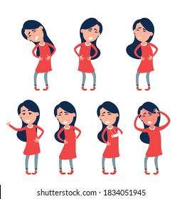 Set of character women with pain in different parts of body. Backache, abdominal pain, headache, migraine. Body ache icons. Humans bodies injury pain.  Flat vector illustration. Human Health Disease