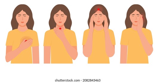 Set of character women with pain in different parts of the body. Heartache, sore throat, headache, migraine,toothache ,Ear ache Vector illustration in flat style