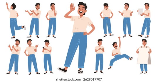 Set of character young cheerful asian guy in different actions on white background. Vector illustration in flat style