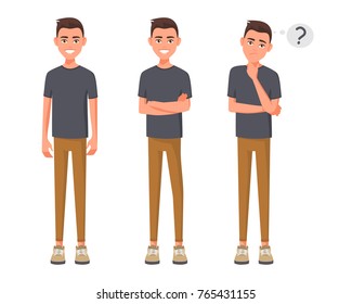 Set of character young man in casual clothes standing , thinks and arms crossed. Vector illustration in cartoon style.Casually handsome. Confident young handsome man. Set of man character design.