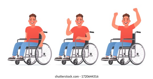 Set of character a young man with disabilities. Happy guy in a wheelchair. Disabled. Vector illustration in cartoon style