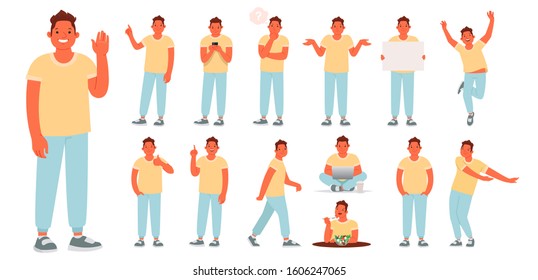 Set of character of a young man in various poses and actions. The guy is engaged in daily affairs. He works, rests, eats, expresses emotions. Vector illustration in a flat style