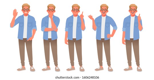 Set of character of a young man with various gestures. The guy welcomes, thinks, finds a solution, speaks and approves. Person for your project. Vector illustration in cartoon style