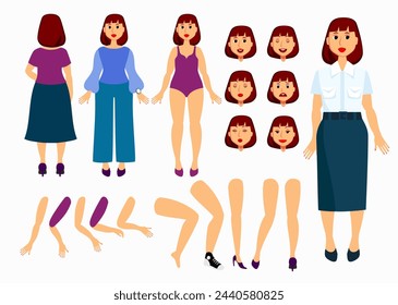 Set of character a young woman. Girl with various poses and gestures, is engaged in everyday.	
Vector illustration in flat style	