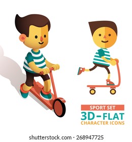 Set of characters in 3D and flat style. Skateboard guy and other sports characters in cartoon style.