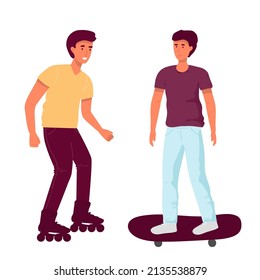 set of characters actively resting. Man rollerblading and boy riding a skateboard Cartoon flat character design isolated .Leisure, recreational activity and sport spare time concept