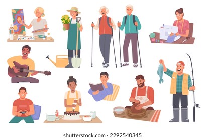 Set of characters addicted to different hobbies. Talented people are engaged in various activities, crafts, arts and pleasant pastimes. Vector illustration in flat style