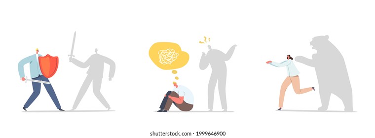 Set Characters Afraid of the Shadow. Schizophrenia Mental Disorder, Dissociative Identity. People with Borderline Illness Scare of Monster Shade. Split Personality Illness. Cartoon Vector Illustration