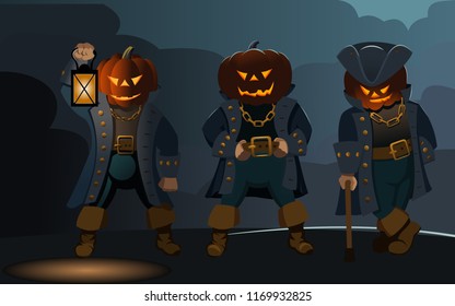 A set of characters in ancient costumes with a head in the form of a pumpkin standing against the night sky. Halloween