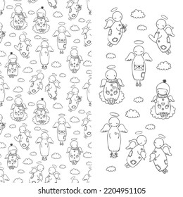 Set of characters angels in the sky with clouds and seamless pattern, childish doodle vector illustration