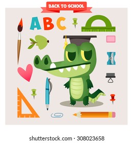 Set of characters animals in cartoon style on the school theme. Back to school. Cute crocodile