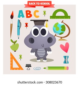 Set of characters animals in cartoon style on the school theme. Back to school. Cute hippo